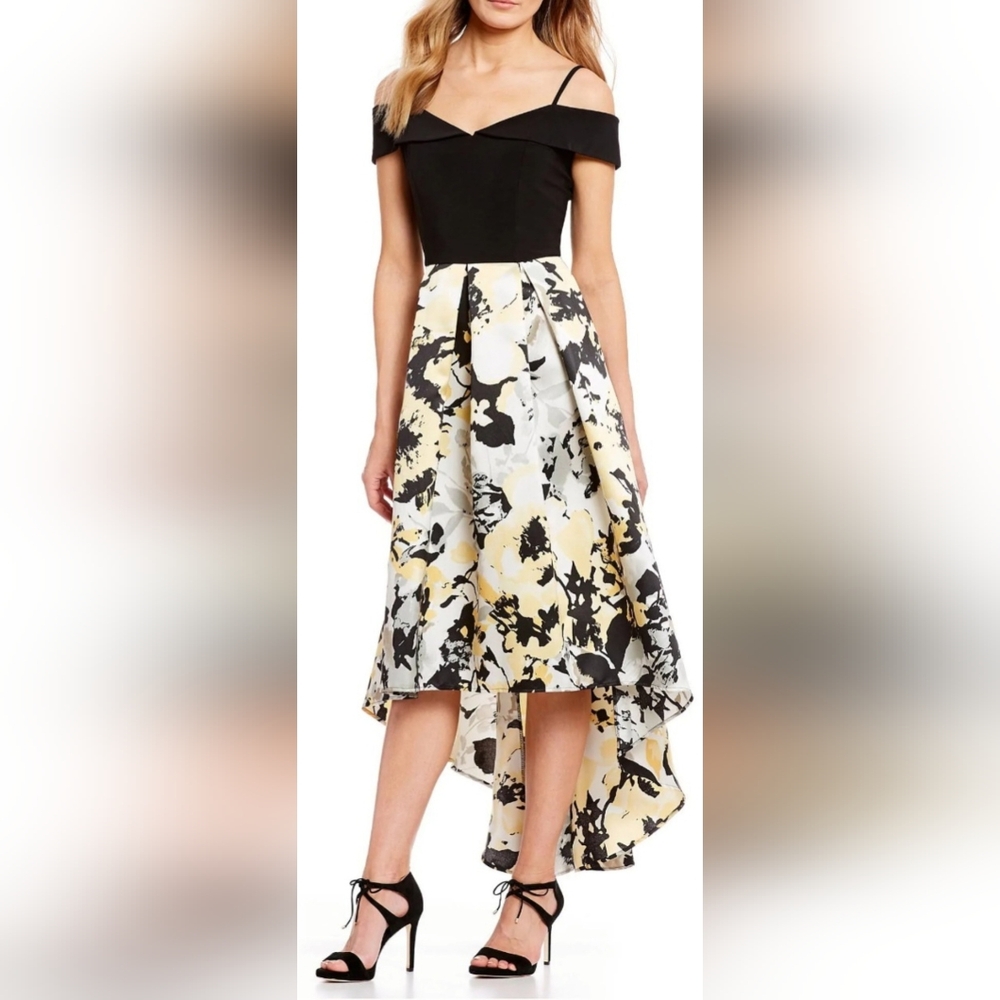 Marina Mikado Women's Party/Cocktail Hi-Low Gown Dress Yellow/Black 6 Small